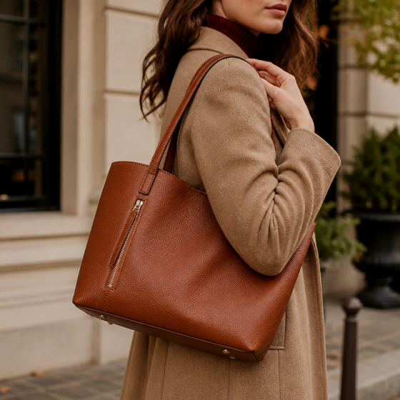 Women's Cognac Zip Tote | 2026